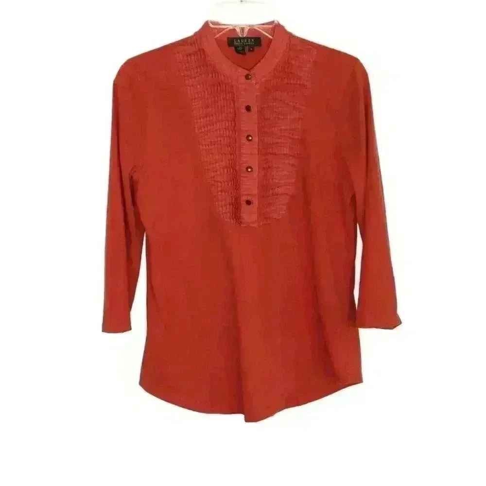 Lauren Ralph Lauren top M tuxedo bib front 3/4 sleeve orange